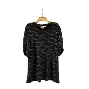 Isela Women’s Blouse Top Black with Silver Sequins Sz Large Short Sleeve Ties